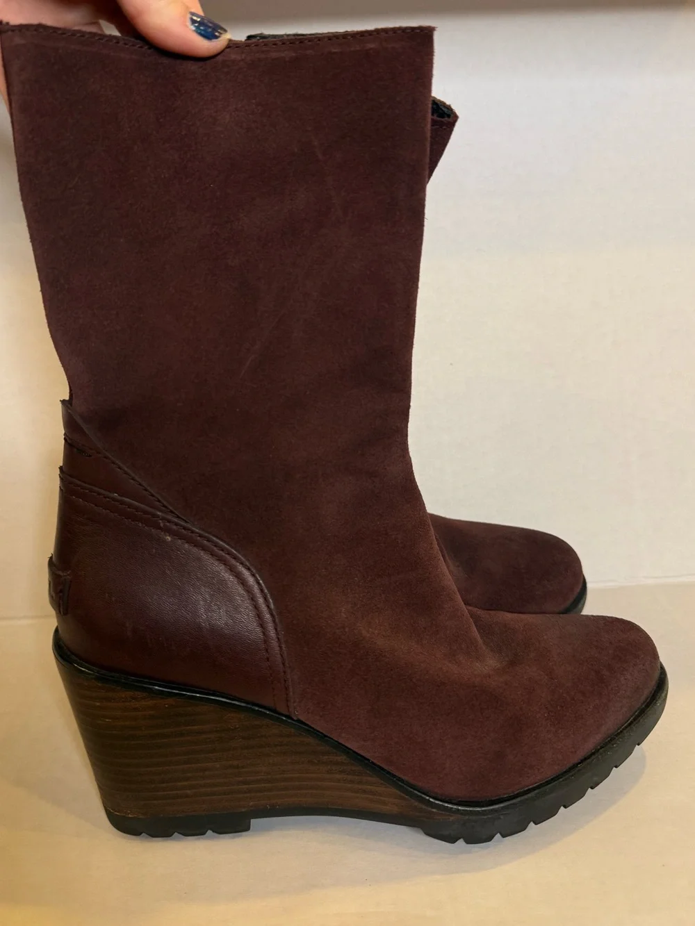 Sorel After Hours Wedge Heel Suede Leather Boots Redwood Burgundy Brown Size 8